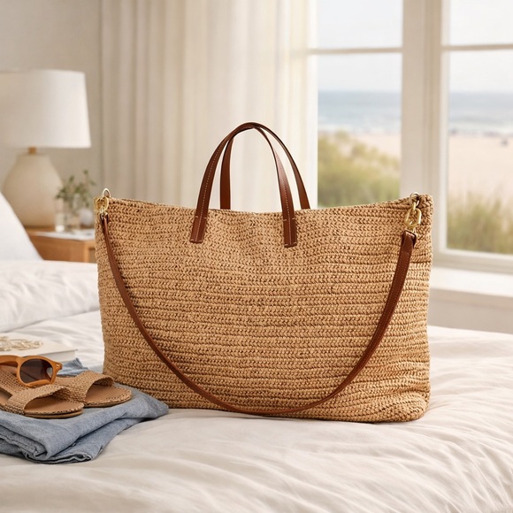 J. Crew Handbags - NWT | J Crew Palma Overnight Tote in Hand-Knotted Straw & Leather